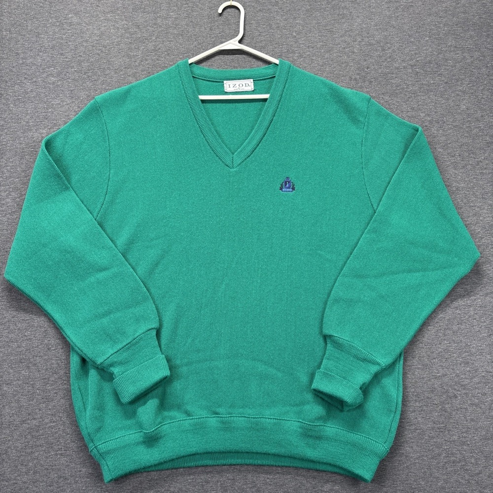 Vintage Izod Sweater Mens XL Green Knit V Neck Preppy Office 90s Made In USA
